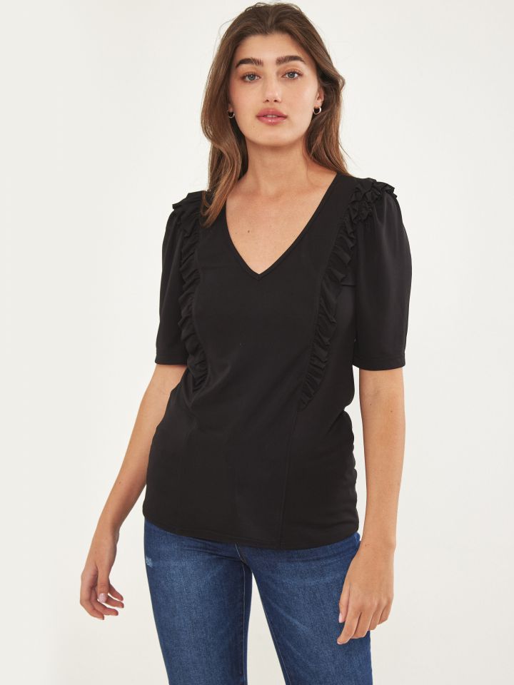 חולצה V מלמלות אמזון בצבע שחור