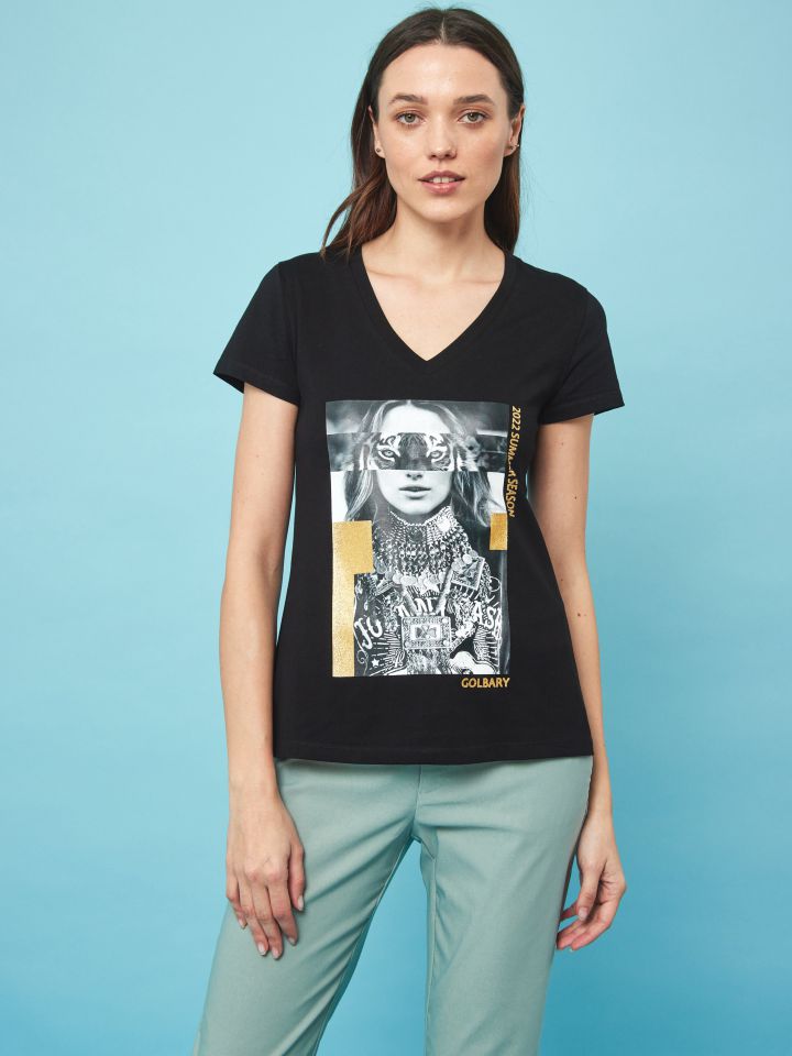 חולצה דפוס פנים בצבע שחור