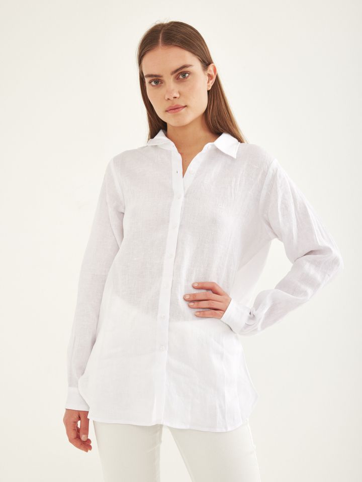 חולצה מכופתרת פישתן בצבע לבן