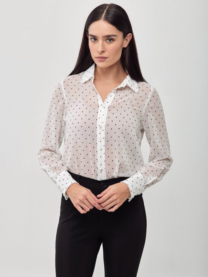 חולצה נקודות שילוב דמוי פנינים בצבע אופוויט