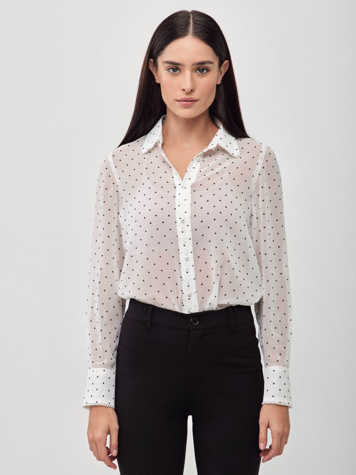 חולצה נקודות שילוב דמוי פנינים בצבע אופוויט