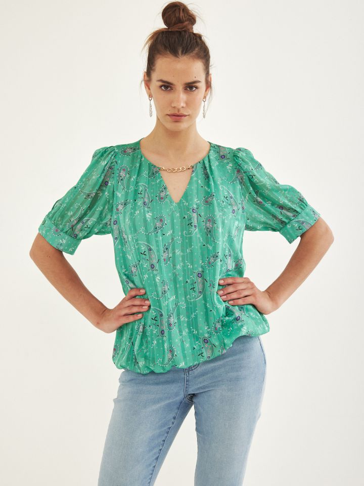 חולצה V דפוס פתח שרשרת בצבע ירוק בהיר