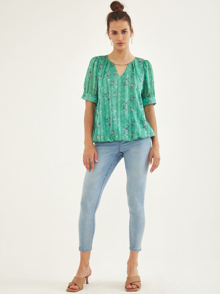 חולצה V דפוס פתח שרשרת בצבע ירוק בהיר