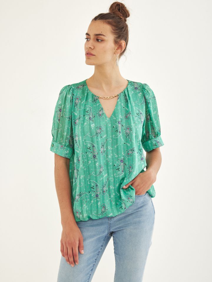 חולצה V דפוס פתח שרשרת בצבע ירוק בהיר