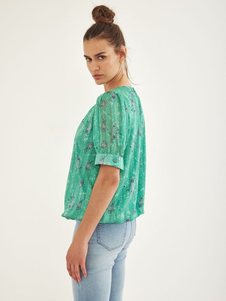 חולצה V דפוס פתח שרשרת בצבע ירוק בהיר