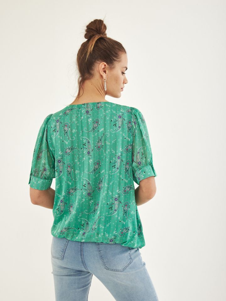 חולצה V דפוס פתח שרשרת בצבע ירוק בהיר