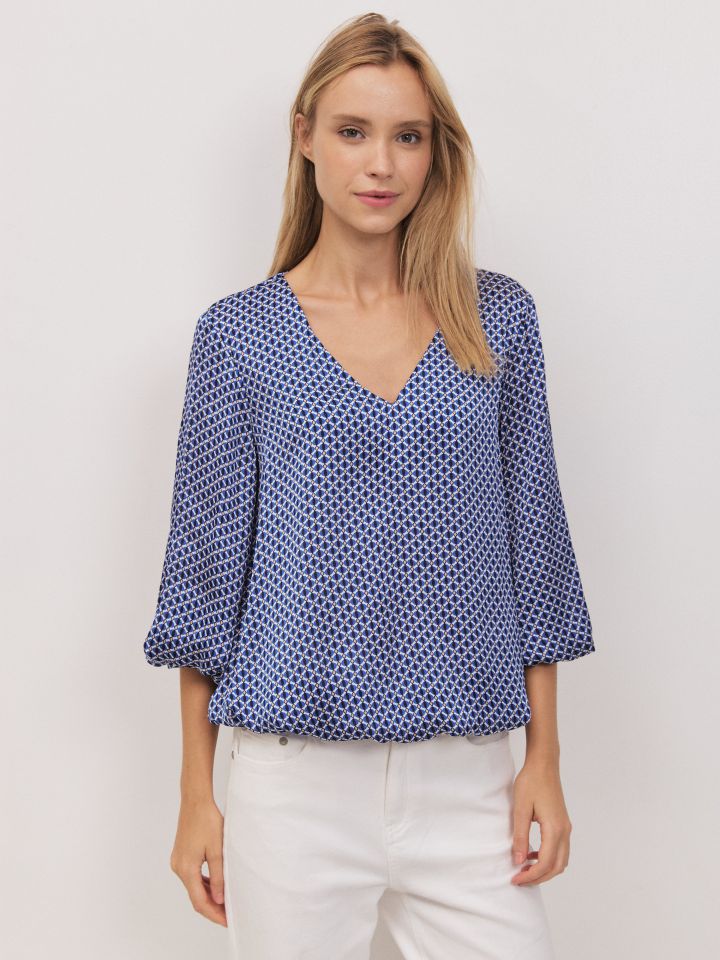 חולצה V דפוס שרוול בלון בצבע נייבי