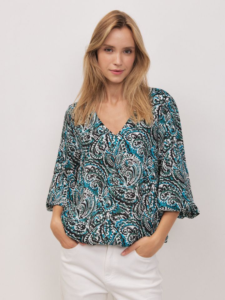חולצה V דפוס שרוול בלון בצבע ירוק