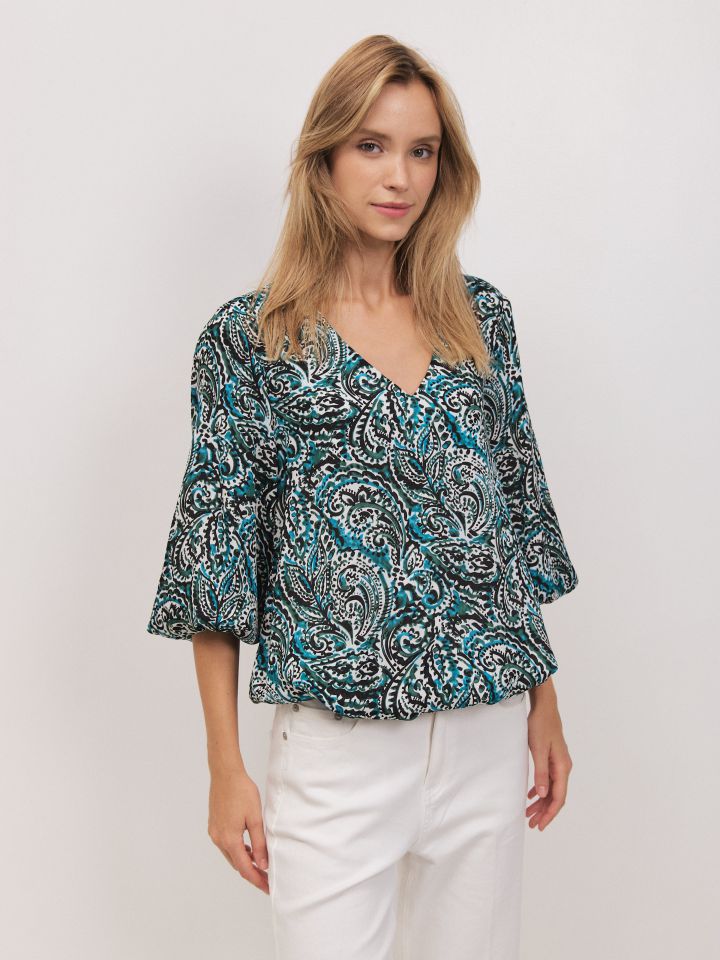 חולצה V דפוס שרוול בלון בצבע ירוק