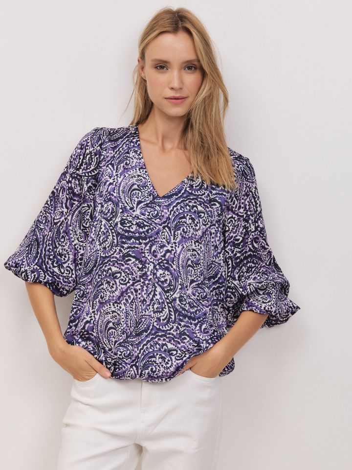 חולצה V דפוס שרוול בלון בצבע סגול