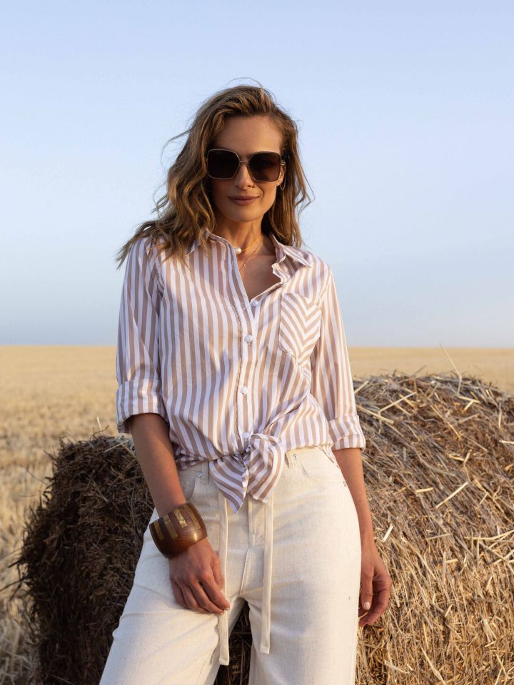 חולצה פסים שרוול ארוך בצבע קאמל