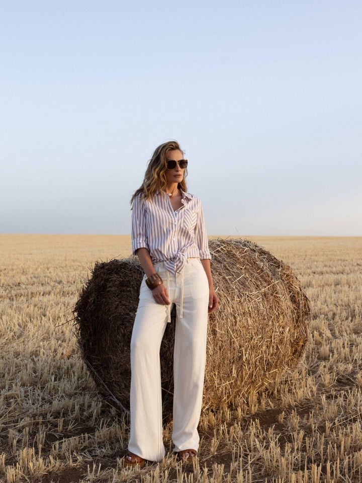 חולצה פסים שרוול ארוך בצבע קאמל