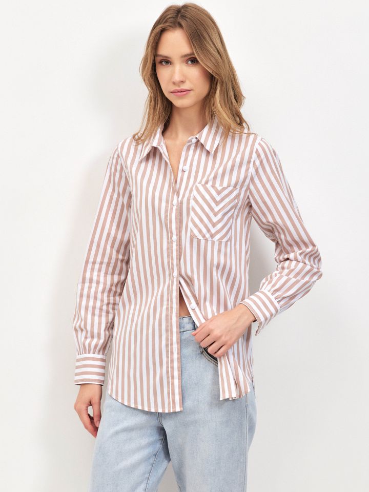 חולצה פסים שרוול ארוך בצבע קאמל