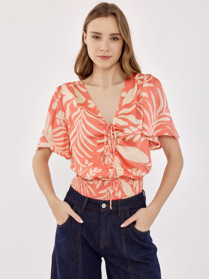 חולצה דפוס פתח קשירה בצבע ורוד