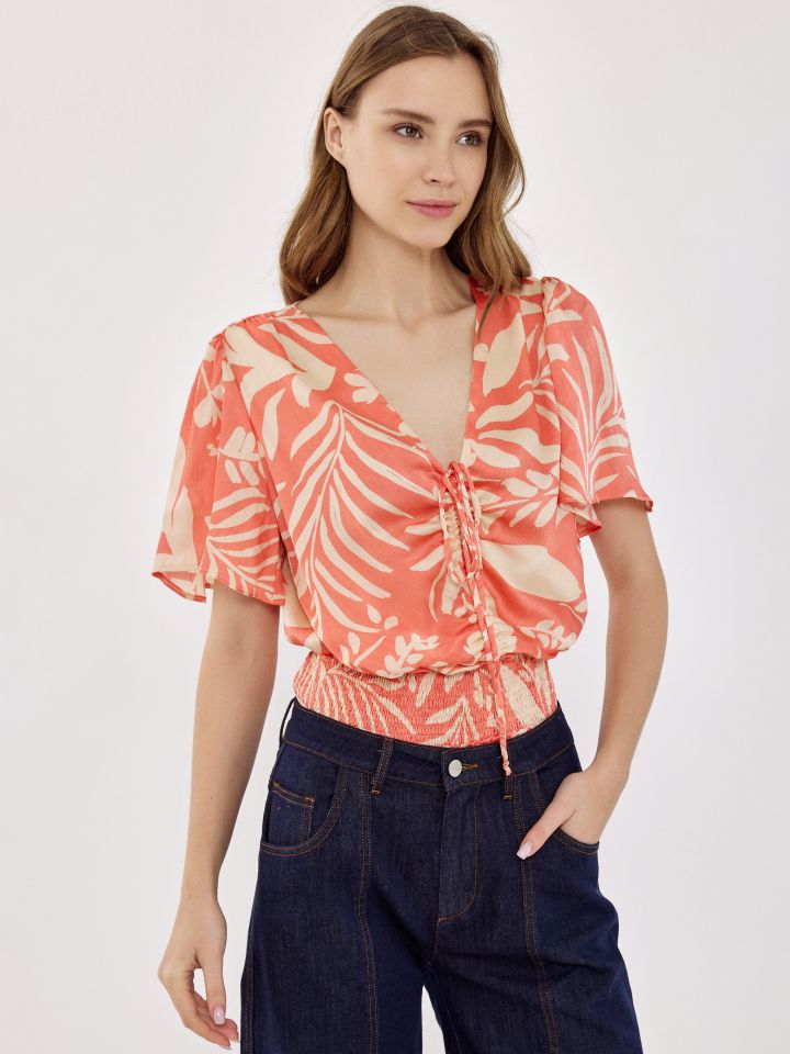 חולצה דפוס פתח קשירה בצבע ורוד