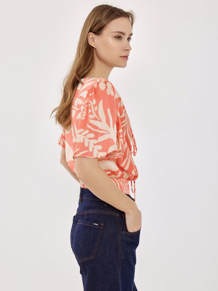 חולצה דפוס פתח קשירה בצבע ורוד