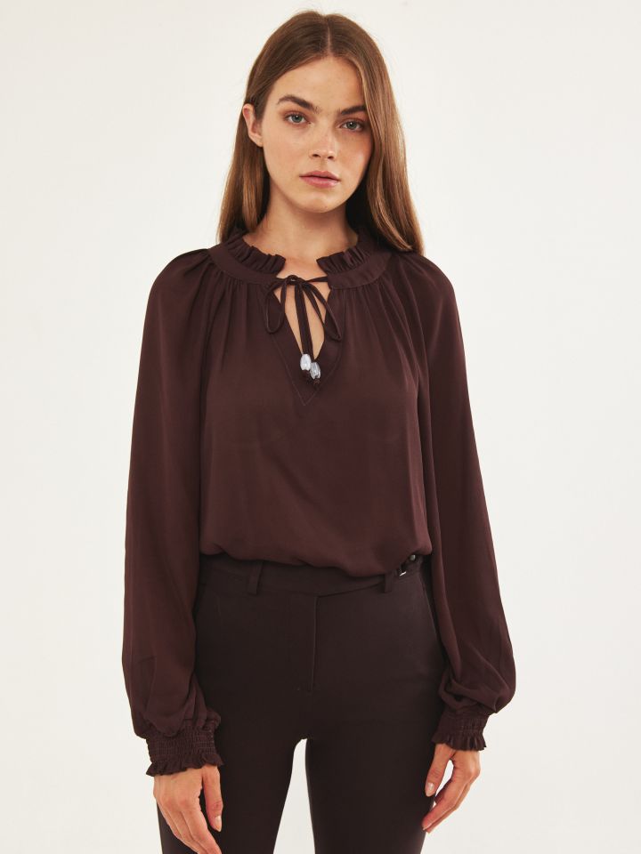 חולצה פתח שרוך חרוזים PROMO בצבע חום