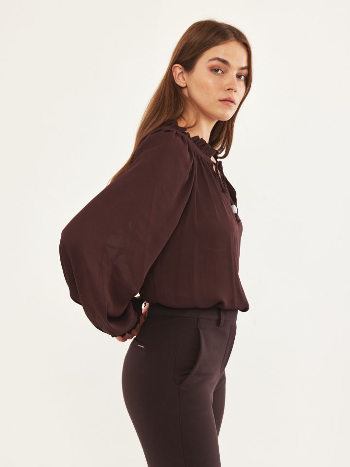 חולצה פתח שרוך חרוזים PROMO בצבע חום