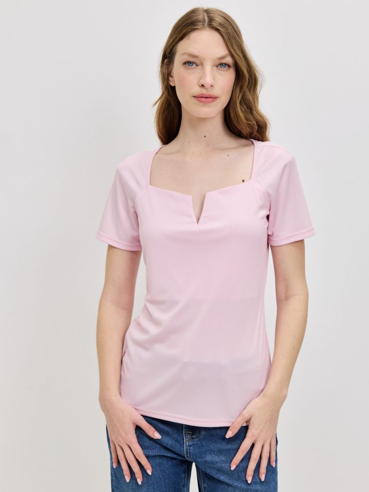חולצה V ריב PROMO בצבע ורוד עתיק