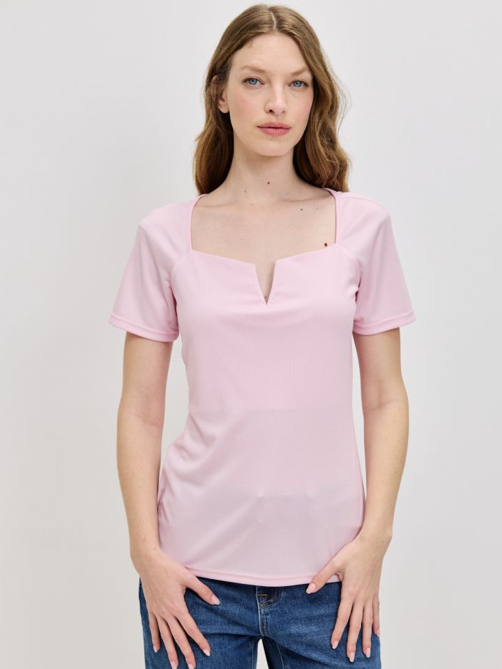 חולצה V ריב PROMO בצבע ורוד עתיק