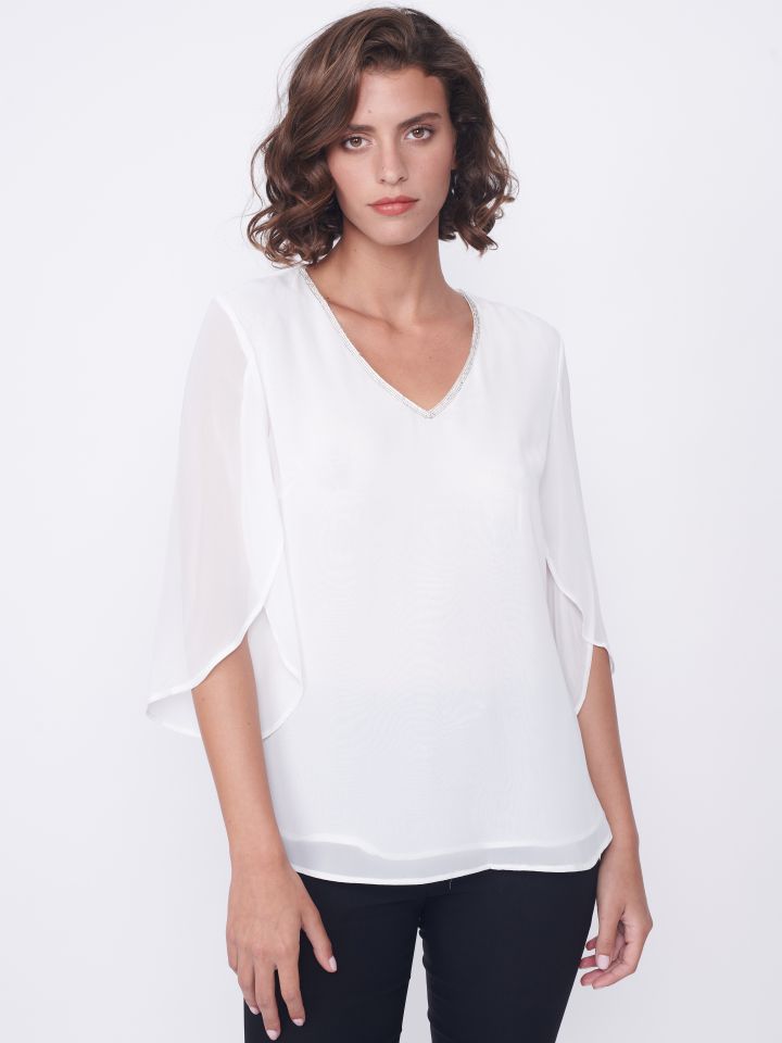 חולצה V שיפון יהלומים בצבע לבן