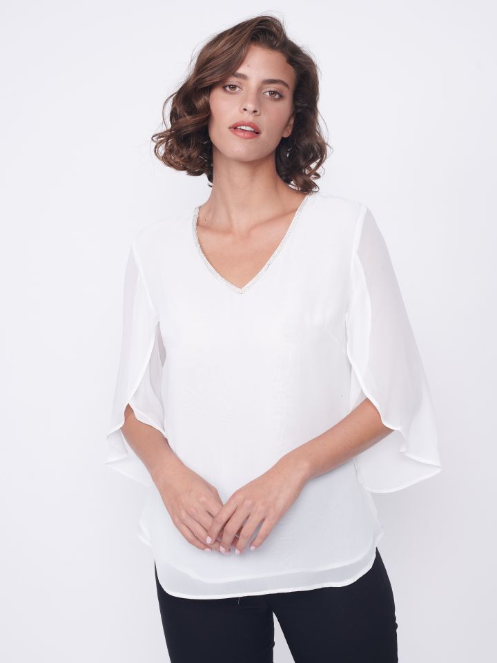 חולצה V שיפון יהלומים בצבע לבן