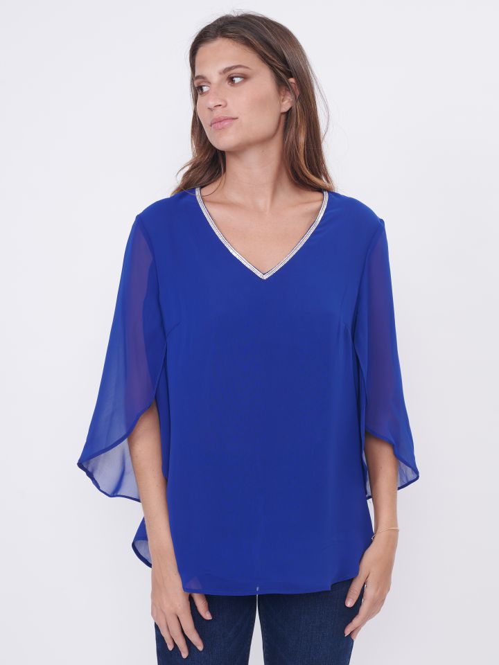 חולצה V שיפון יהלומים בצבע רויאל בינוני