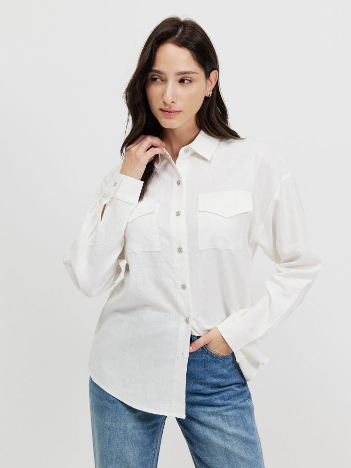 חולצה דמוי פישתן PROMO בצבע לבן