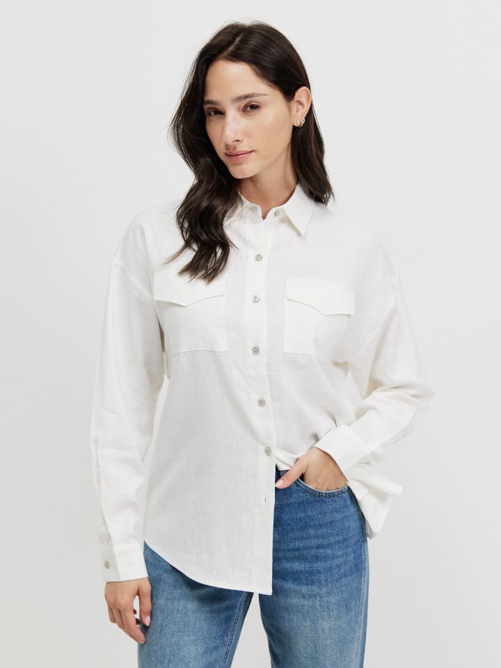 חולצה דמוי פישתן PROMO בצבע לבן