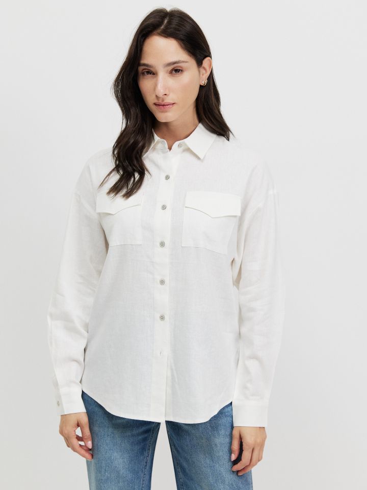 חולצה דמוי פישתן PROMO בצבע לבן