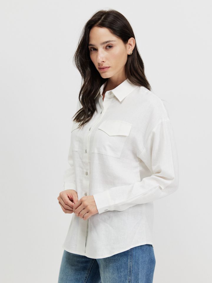 חולצה דמוי פישתן PROMO בצבע לבן