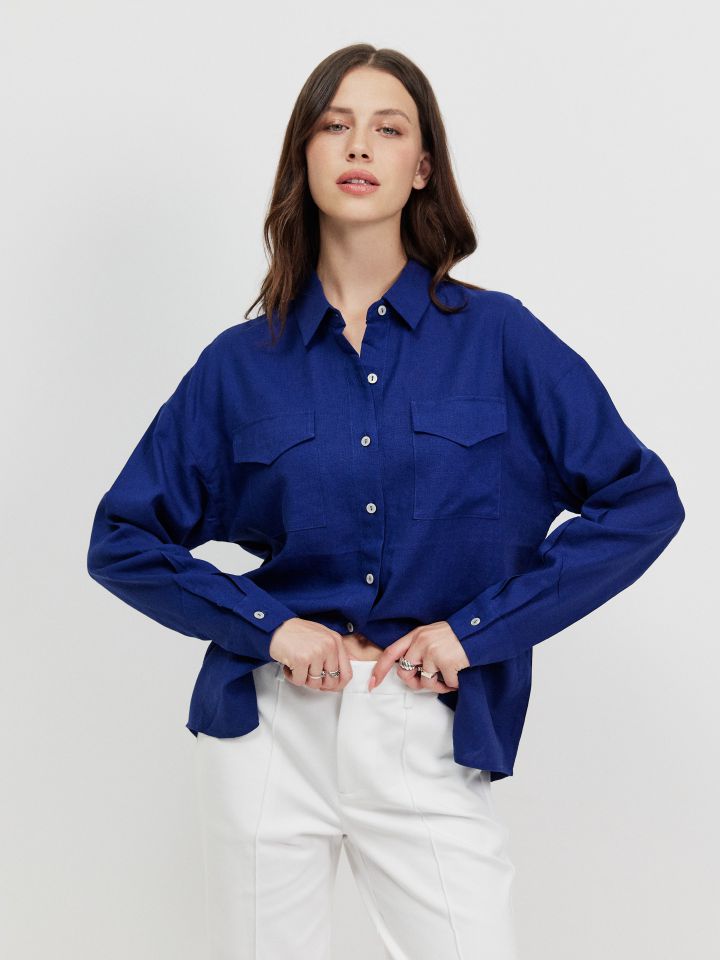 חולצה דמוי פישתן PROMO בצבע כחול אינדיגו