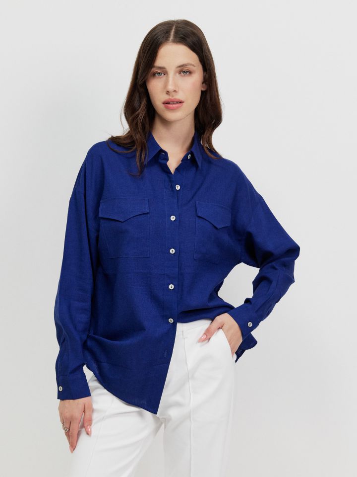 חולצה דמוי פישתן PROMO בצבע כחול אינדיגו