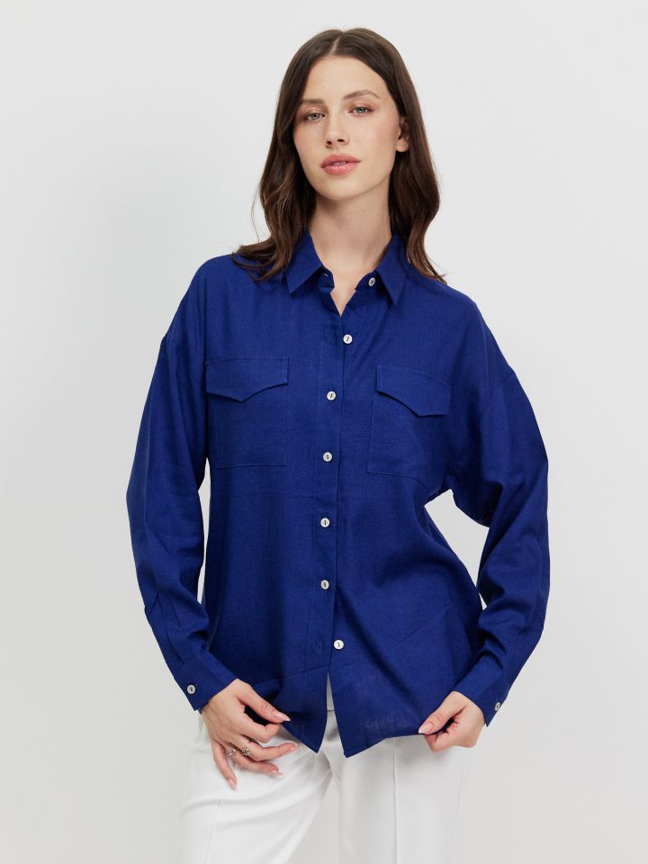 חולצה דמוי פישתן PROMO בצבע כחול אינדיגו