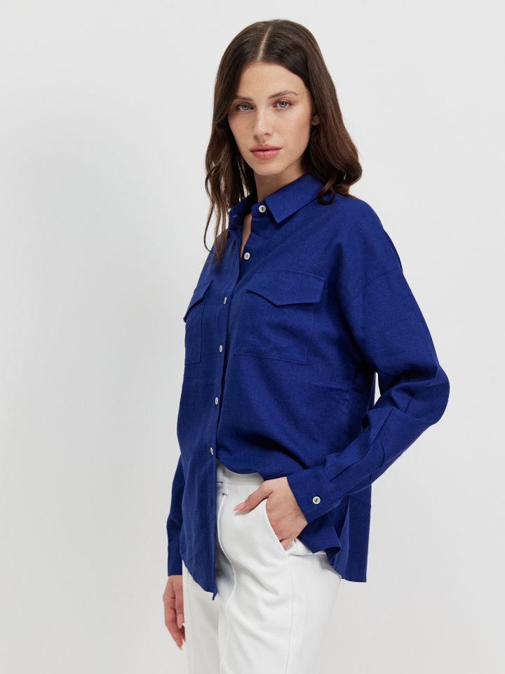 חולצה דמוי פישתן PROMO בצבע כחול אינדיגו