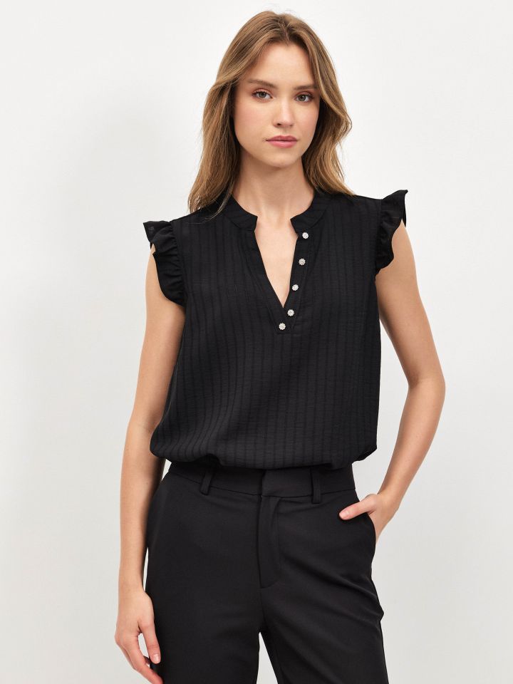 חולצה פסי אורך כפתורי דמוי יהלומים בצבע שחור