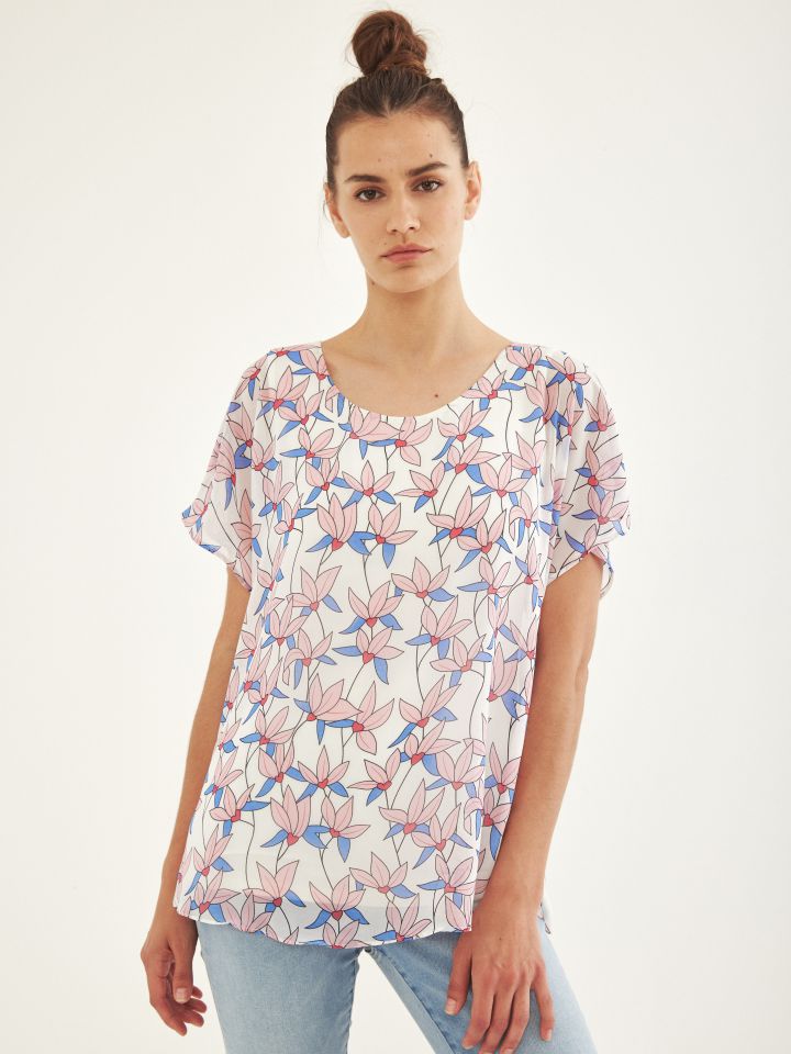 חולצה שילוב שיפון דפוס בצבע אופוויט