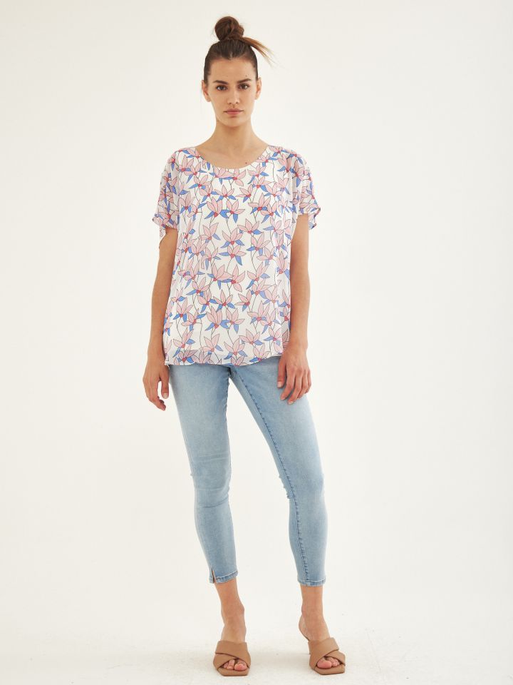 חולצה שילוב שיפון דפוס בצבע אופוויט