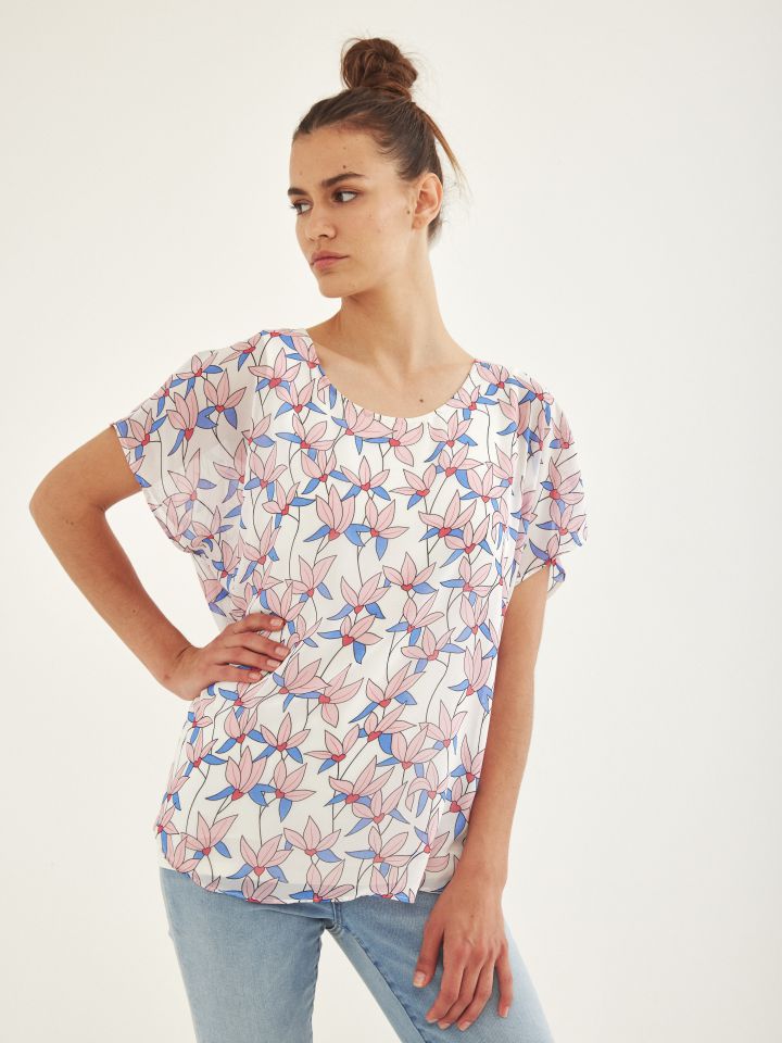 חולצה שילוב שיפון דפוס בצבע אופוויט