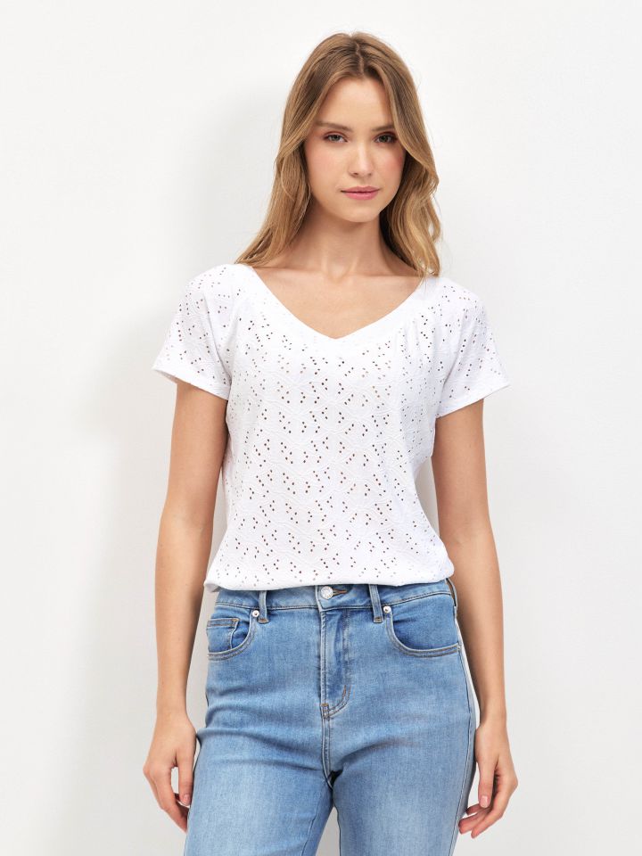 חולצה V תחרה PROMO בצבע לבן