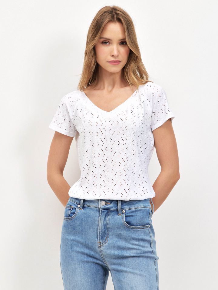 חולצה V תחרה PROMO בצבע לבן