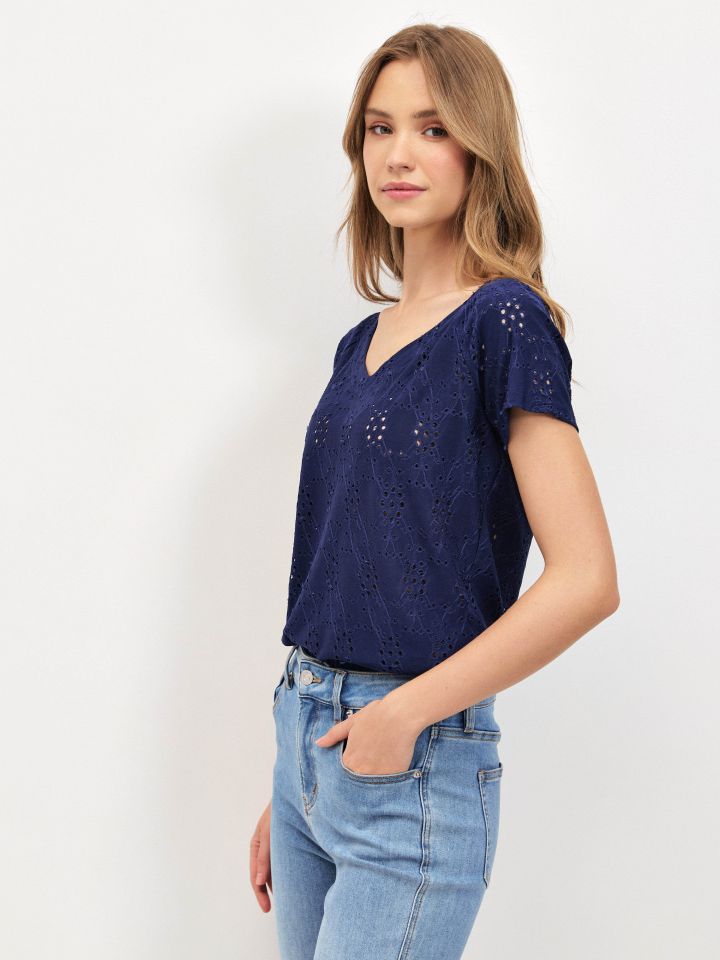 חולצה V תחרה PROMO בצבע נייבי