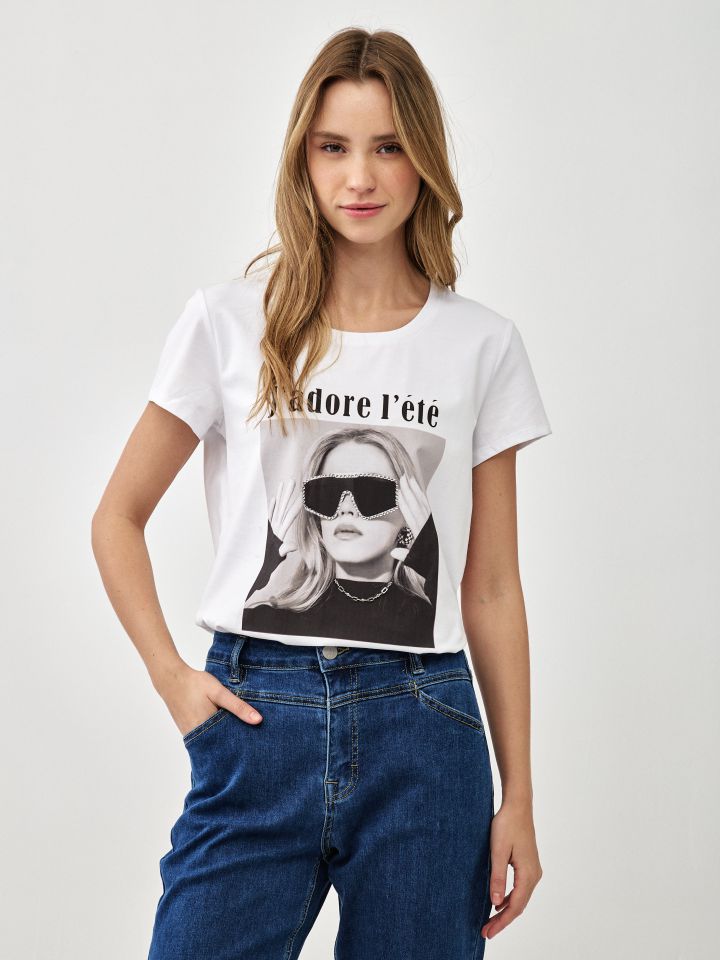 חולצה דפוס משקפיים PROMO בצבע לבן