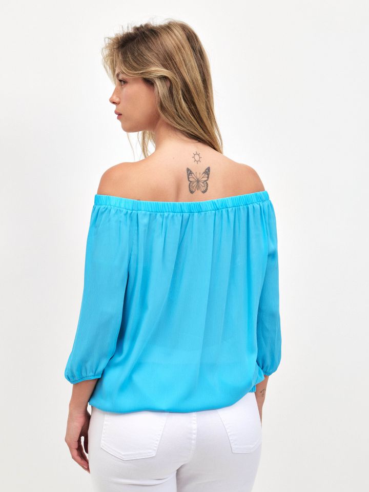חולצה בלון שיפון בצבע טורקיז