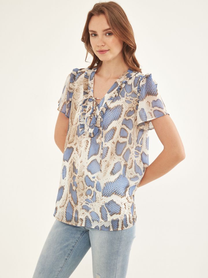 חולצה דפוס פתח שרוך בצבע תכלת