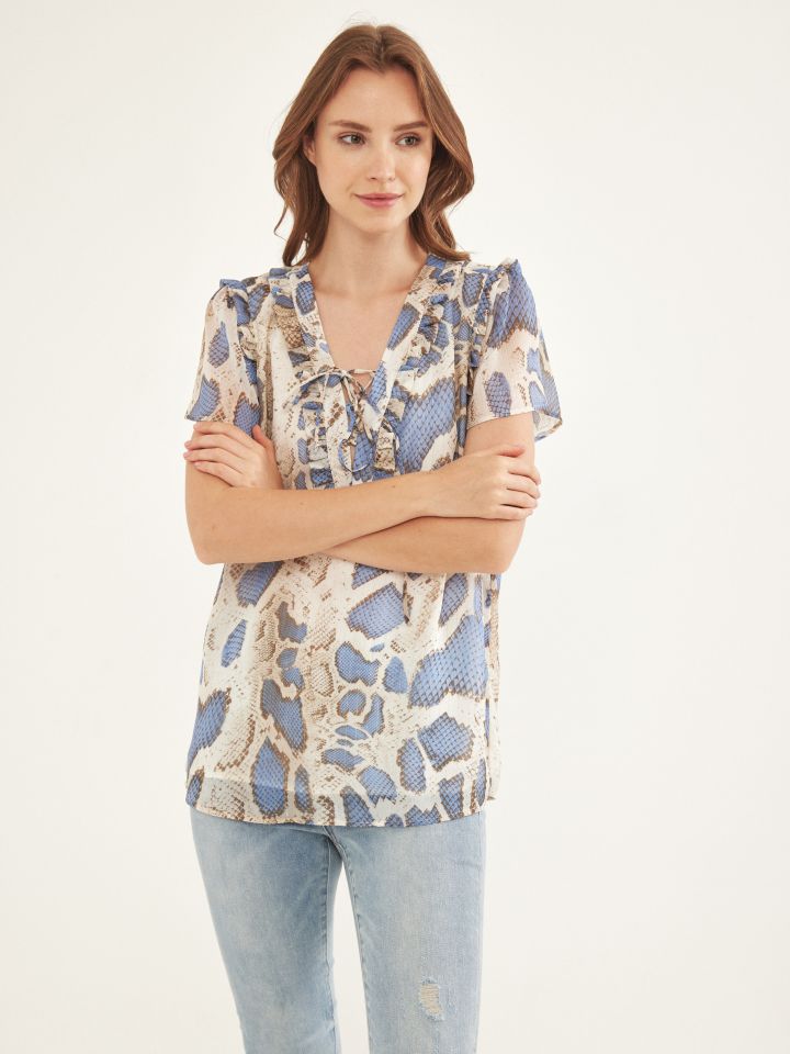 חולצה דפוס פתח שרוך בצבע תכלת