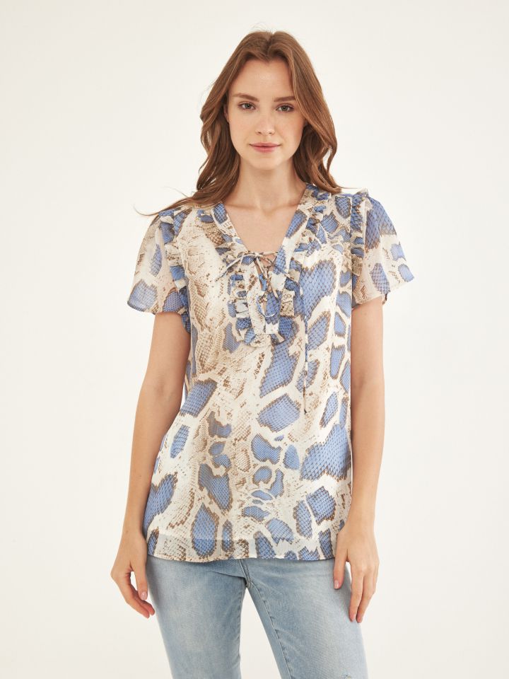 חולצה דפוס פתח שרוך בצבע תכלת