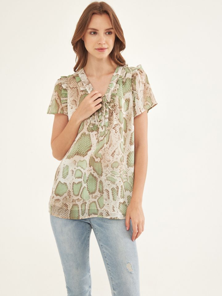 חולצה דפוס פתח שרוך בצבע ירוק