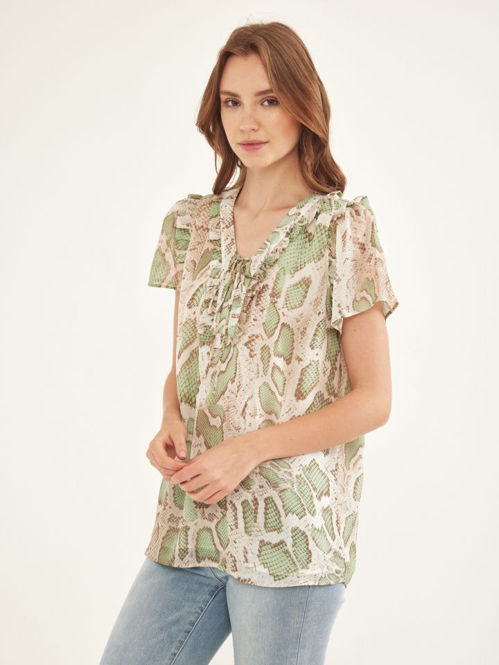 חולצה דפוס פתח שרוך בצבע ירוק