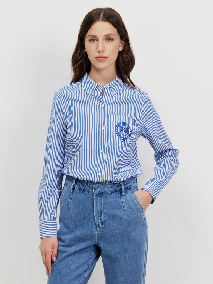 חולצה מכופתרת פסים כיס בצבע כחול/לבן